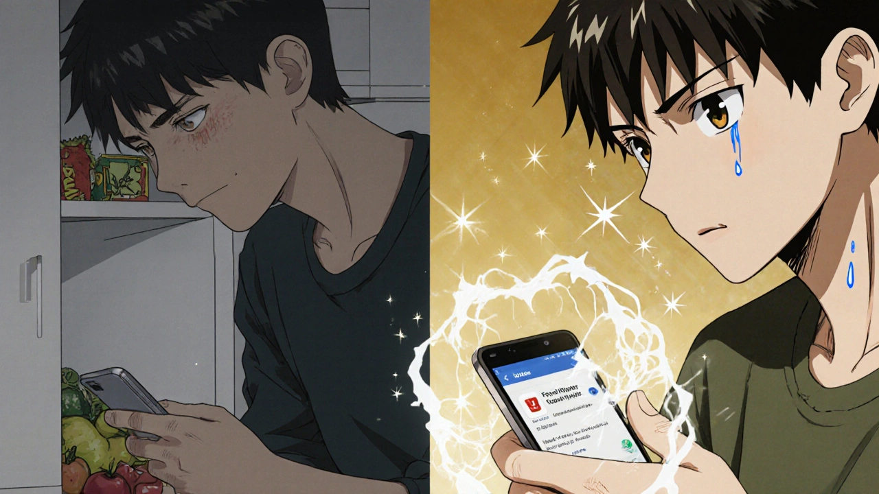 A person transforming their environment by moving snacks and deleting food apps, with glowing energy around them.