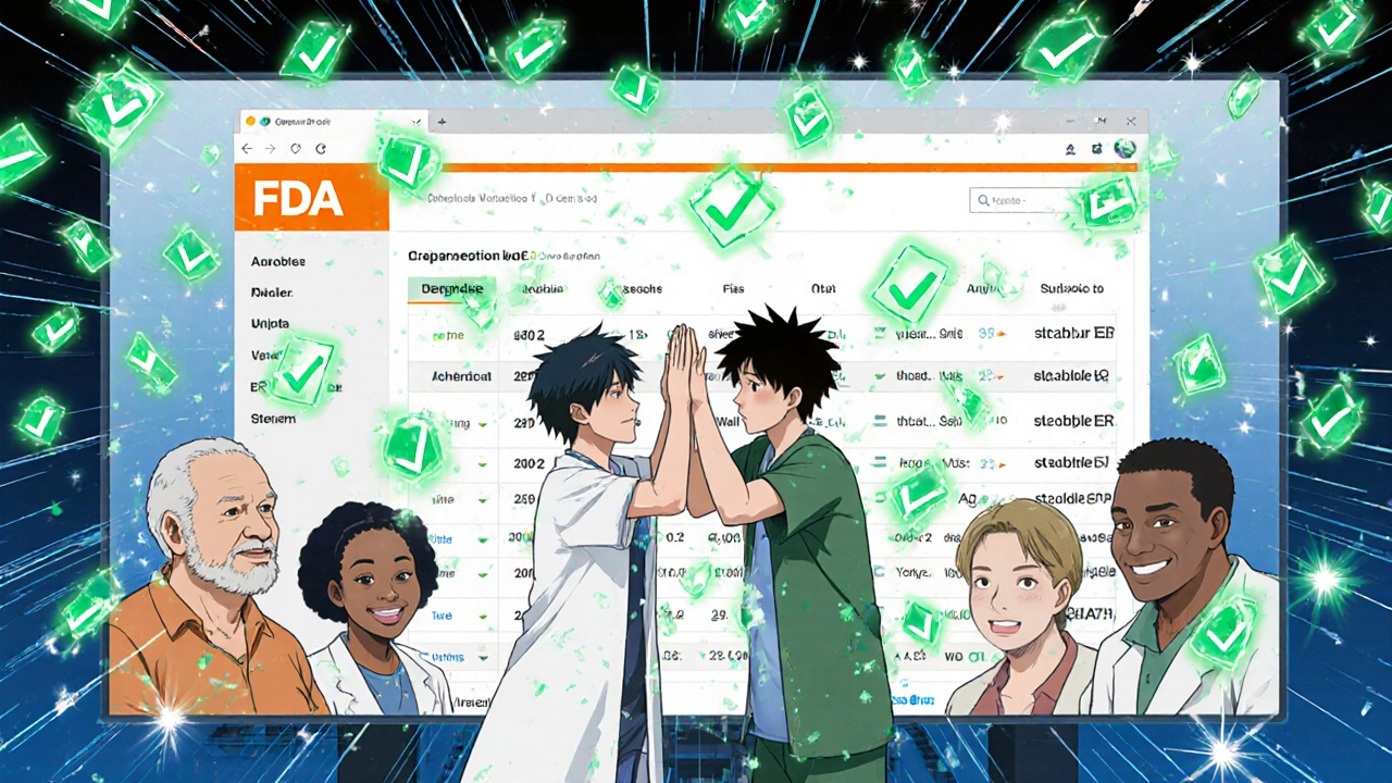 A pharmacist and patient celebrating as generic drug patents expire, with health metrics rising like achievement badges around them.