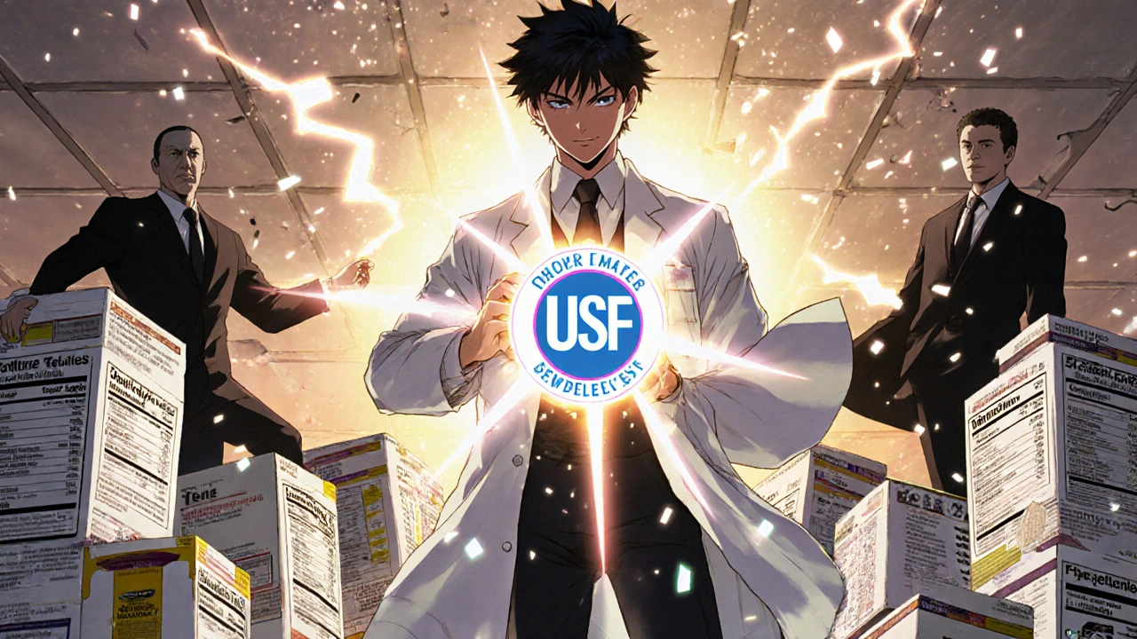 A pharmacist holds a certification seal while battling corporate lies hiding dangerous supplement ingredients.