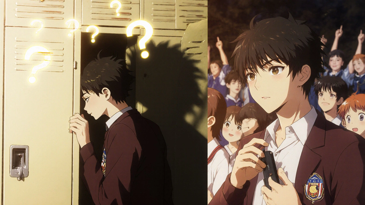 A teen hesitates to use his spacer, then confidently pulls it out before sports practice with peer support.