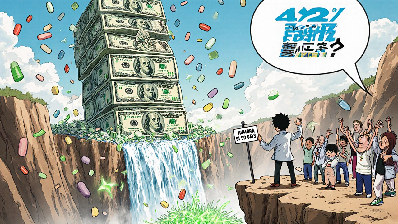 A waterfall of falling money crashes into a canyon as generic pills rain down, patients celebrating below with crumbling brand-name logos.