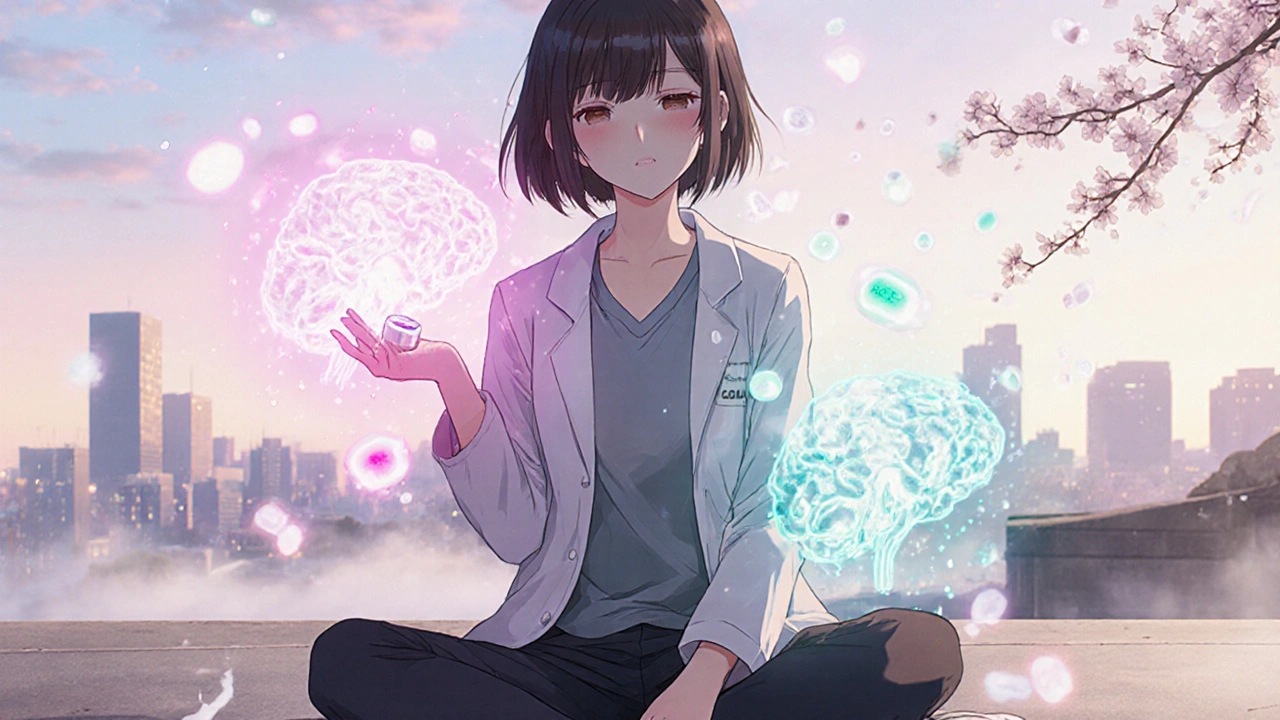 A woman on a rooftop with calming neurotransmitter particles stabilizing around her.