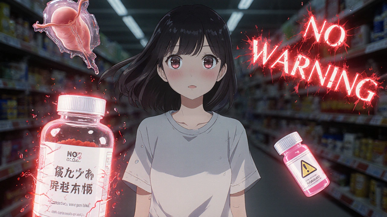 A woman shocked as ghostly health risks emerge from a multivitamin bottle beside her blood thinner.