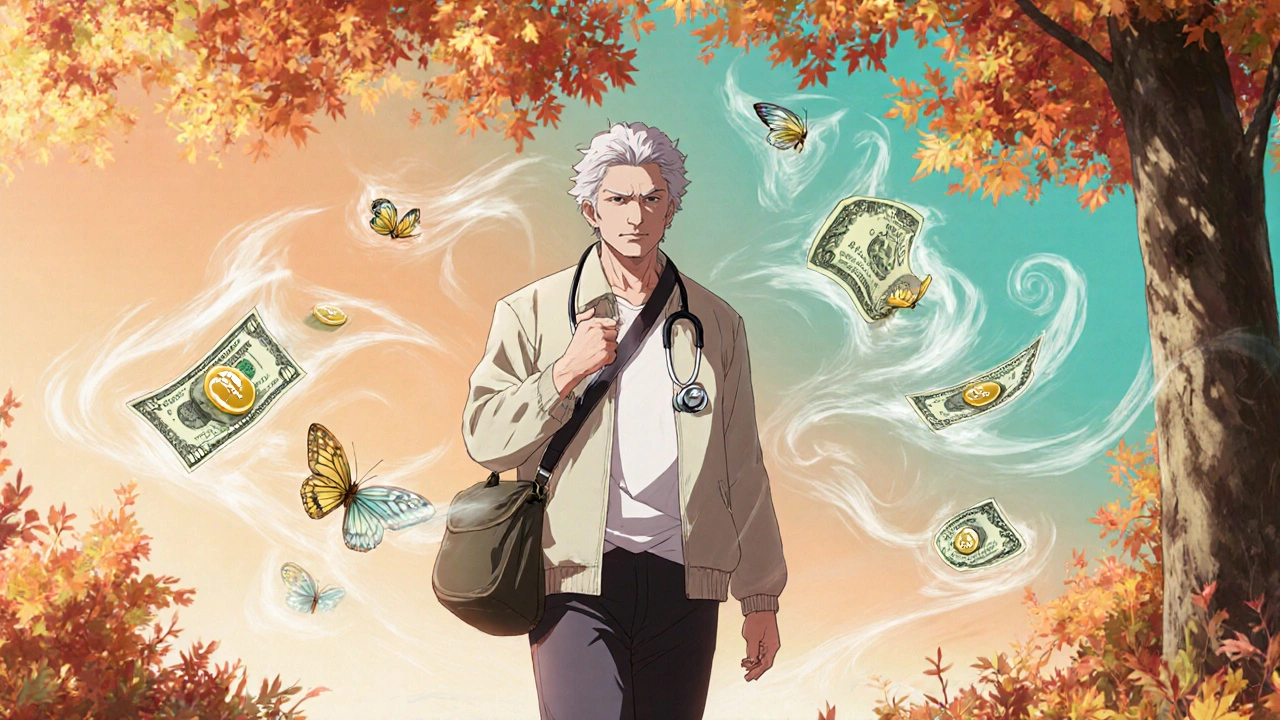 An elderly person walking in a park as saved money transforms into golden butterflies, symbolizing long-term health savings.