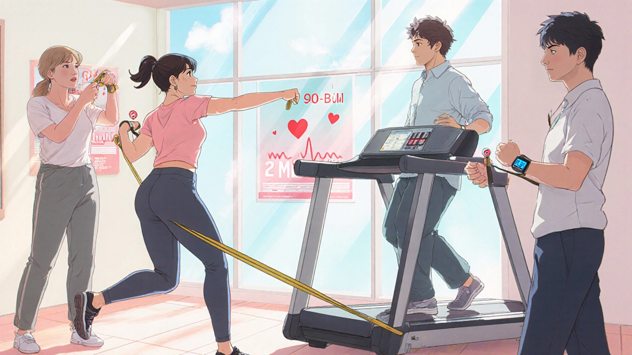 Diverse patients doing light rehab exercises in a bright center with floating heart rate data.