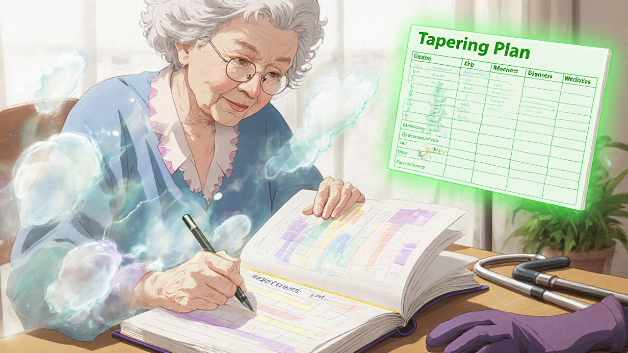 Elderly woman journaling medication effects, fading side effects dissolving around her in soft light.