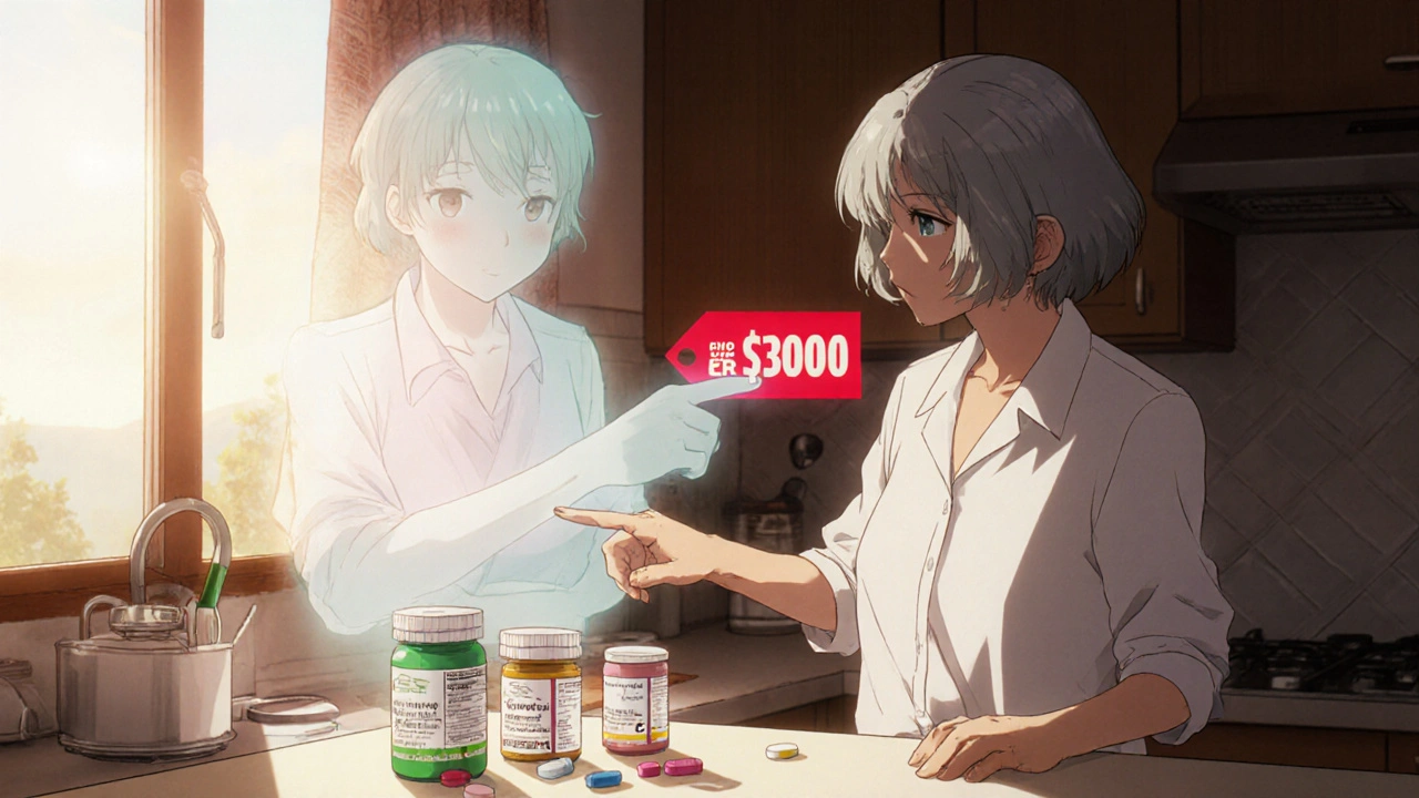 Elderly woman stares at different generic pills, ghostly healthy self and high cost warning visible.