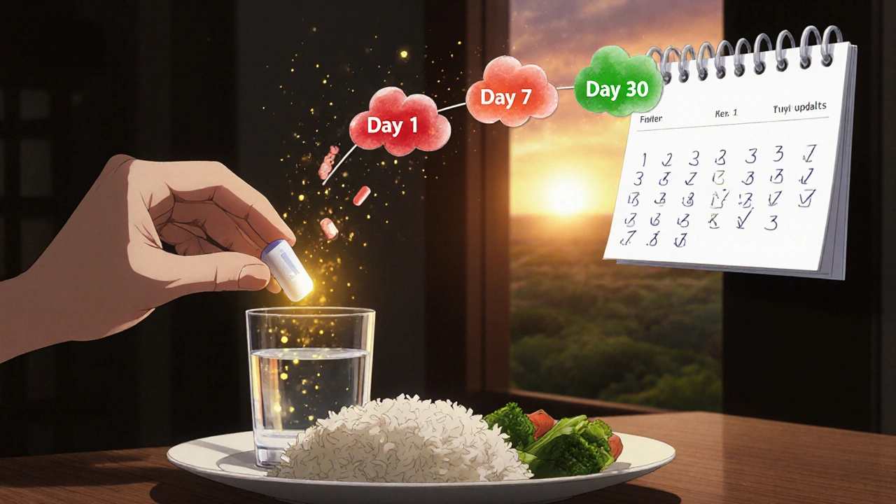 Extended-release metformin tablet dissolving slowly in water beside dinner, with golden particles forming a healing timeline.