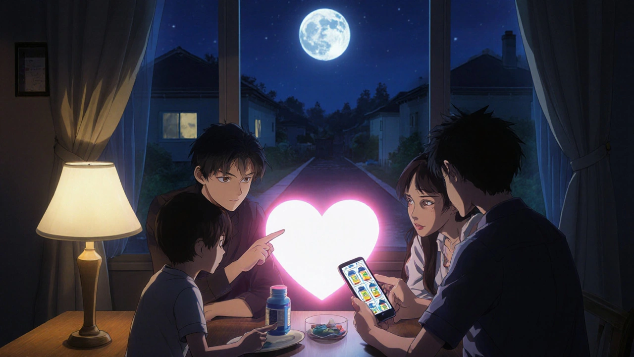 Family reviewing pill photos on a phone at night, glowing heart aura around them, warm lamp light illuminating the scene.