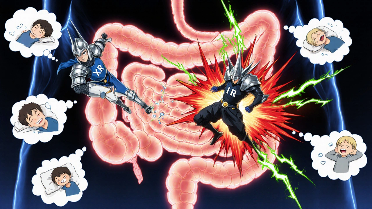 Glowing digestive tract battlefield with armored symbols of immediate-release and extended-release metformin.