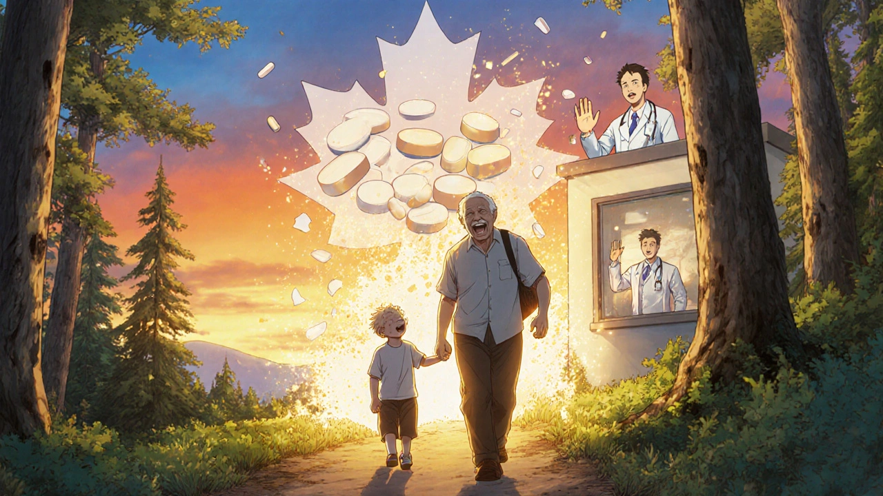 Grandfather hiking with grandchild, free of medications, pills crumbling behind him in vibrant nature.