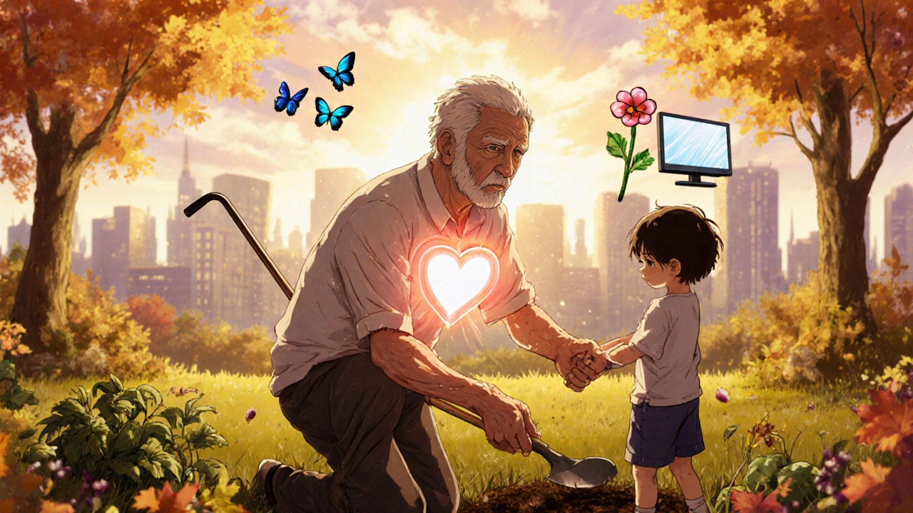 Man gardening with his grandson, warm heart aura glowing as sunset lights the scene.