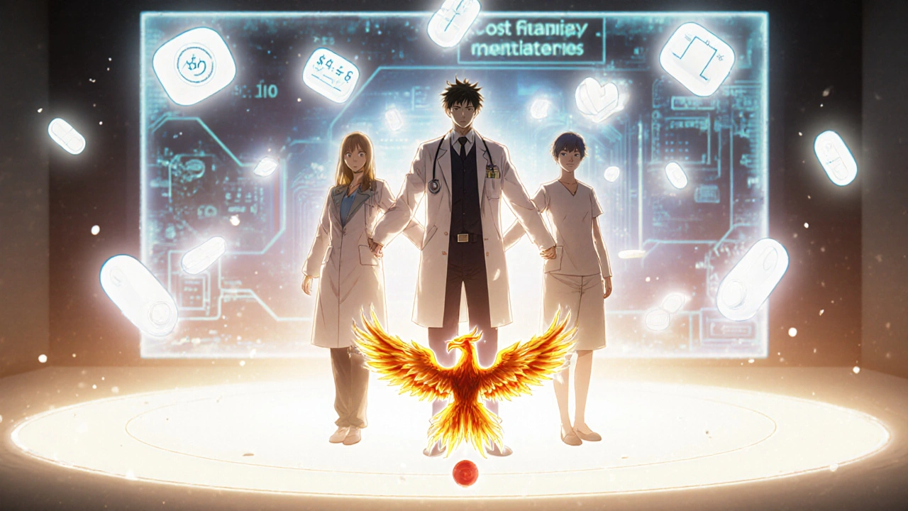 Medical team united in light, floating icons of cost savings and trust, pill transforms into phoenix.