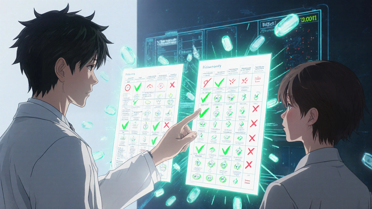 Pharmacist comparing two floating medication charts with glowing checkmarks and X&#039;s, patient watching closely.