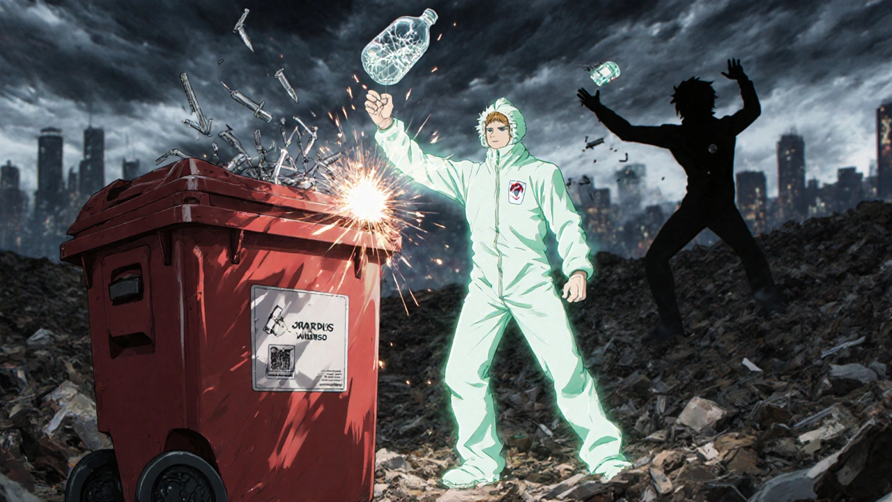 Sanitation worker protecting others from dangerous needles in a landfill.