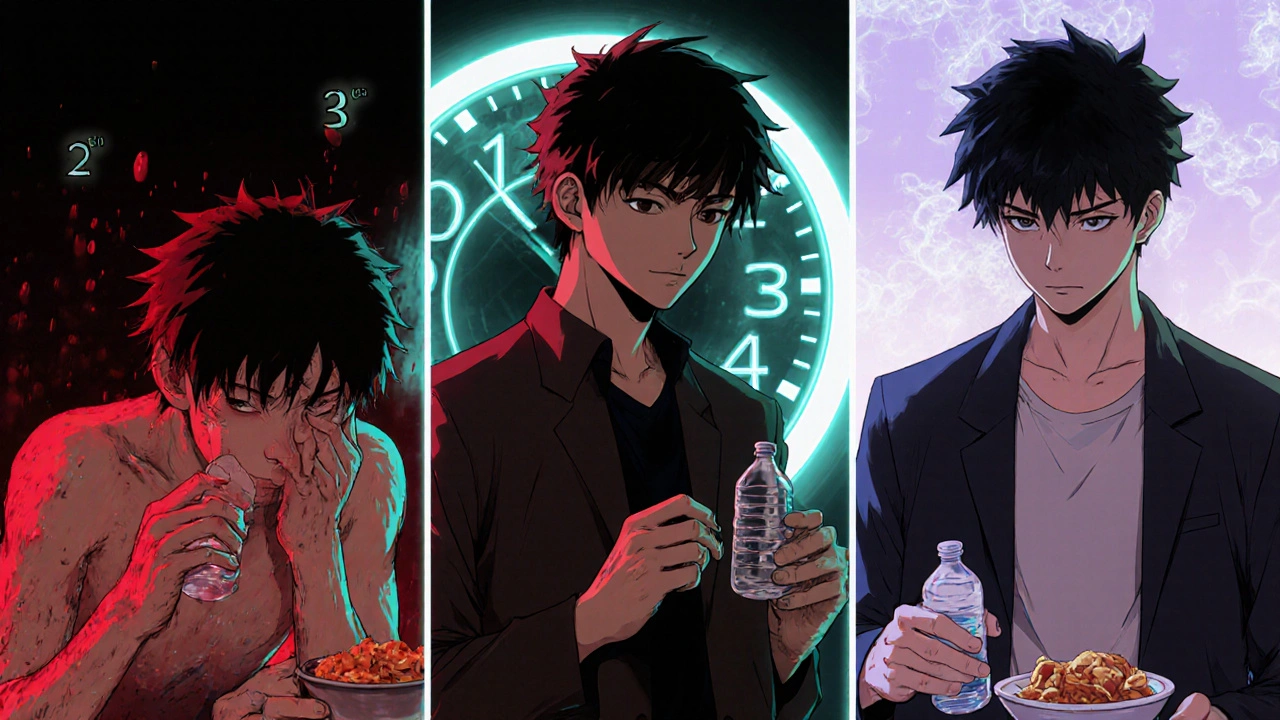 Three individuals enduring early side effects of GLP-1 treatment, gradually recovering as time passes and their bodies heal.