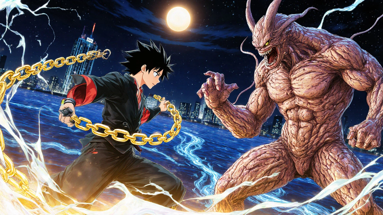 Warrior representing Terlipressin pulling blood flow with golden chain against a monstrous liver entity in a vascular battlefield.