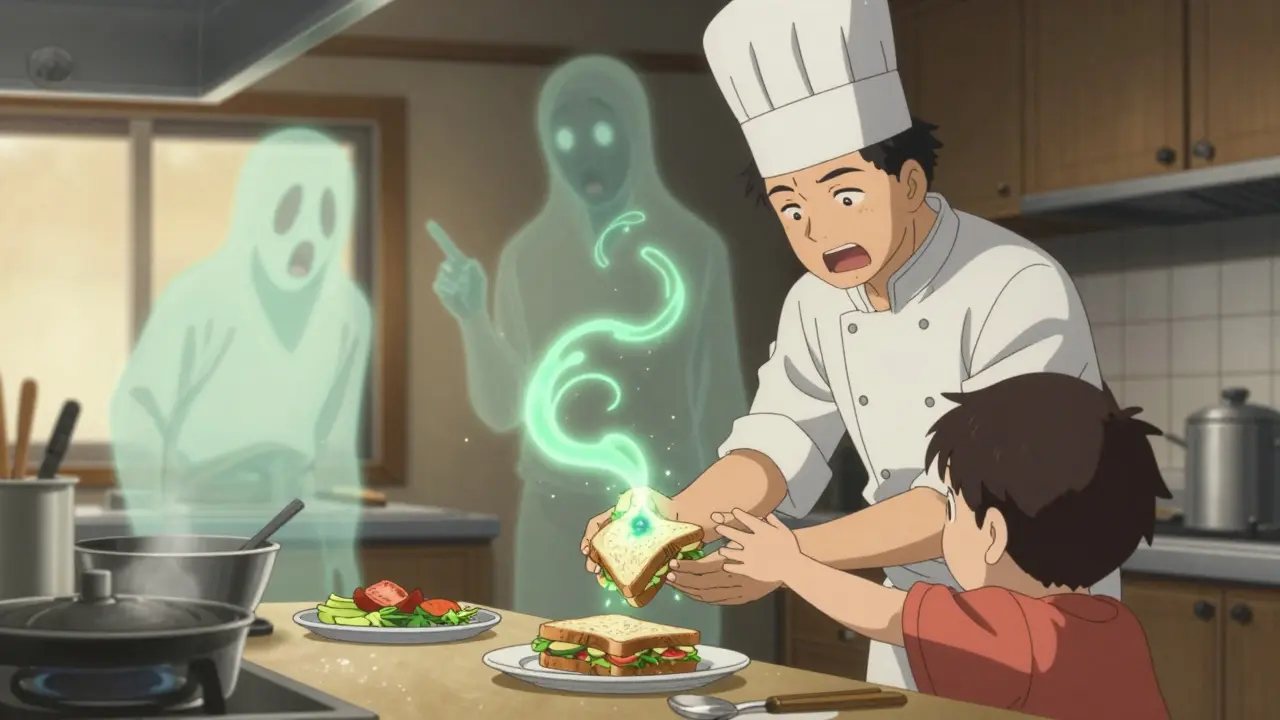 A chef prepares food with invisible virus particles trailing from his hands to a sandwich.