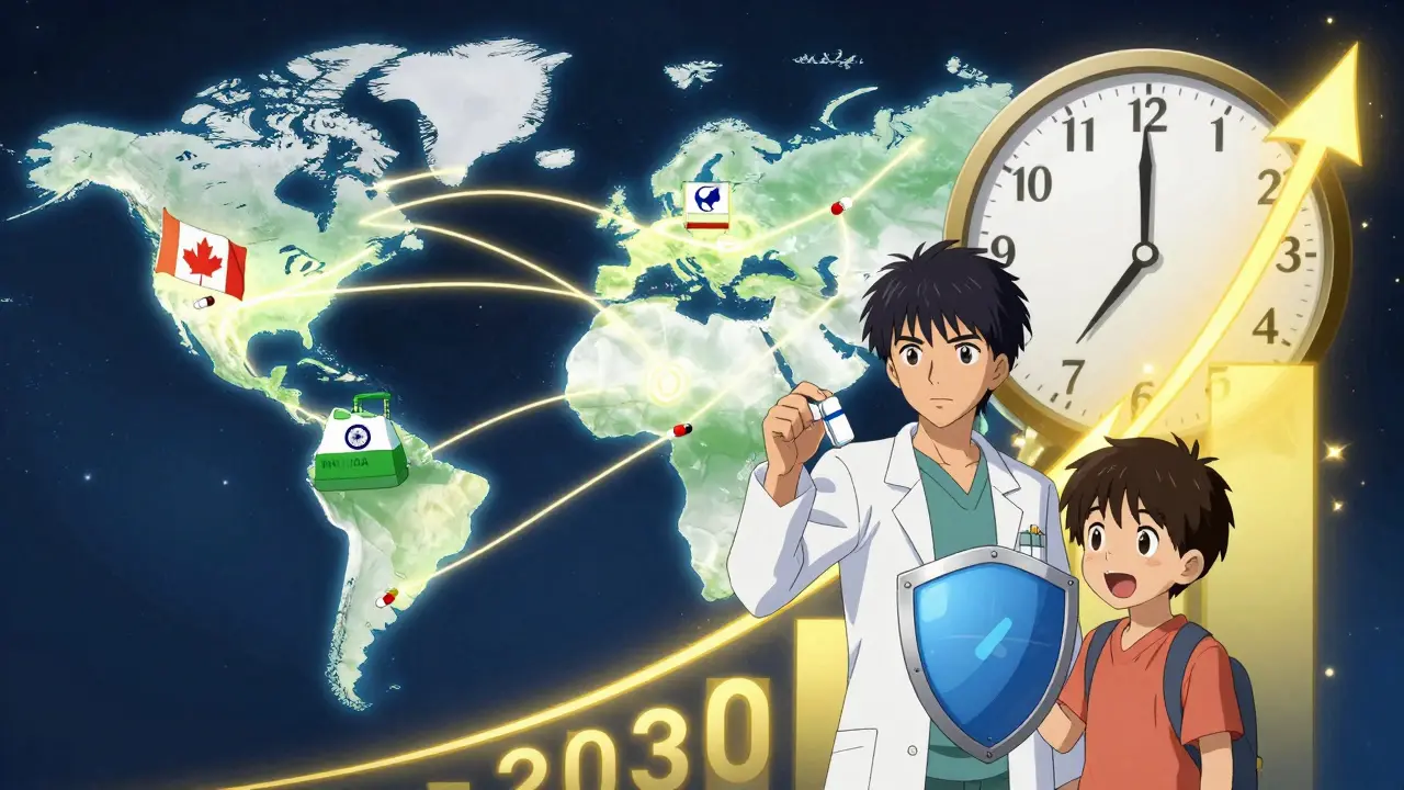 A global map glows with pathways of generic drugs traveling to hospitals, protected by a pharmacist holding a transforming tablet.