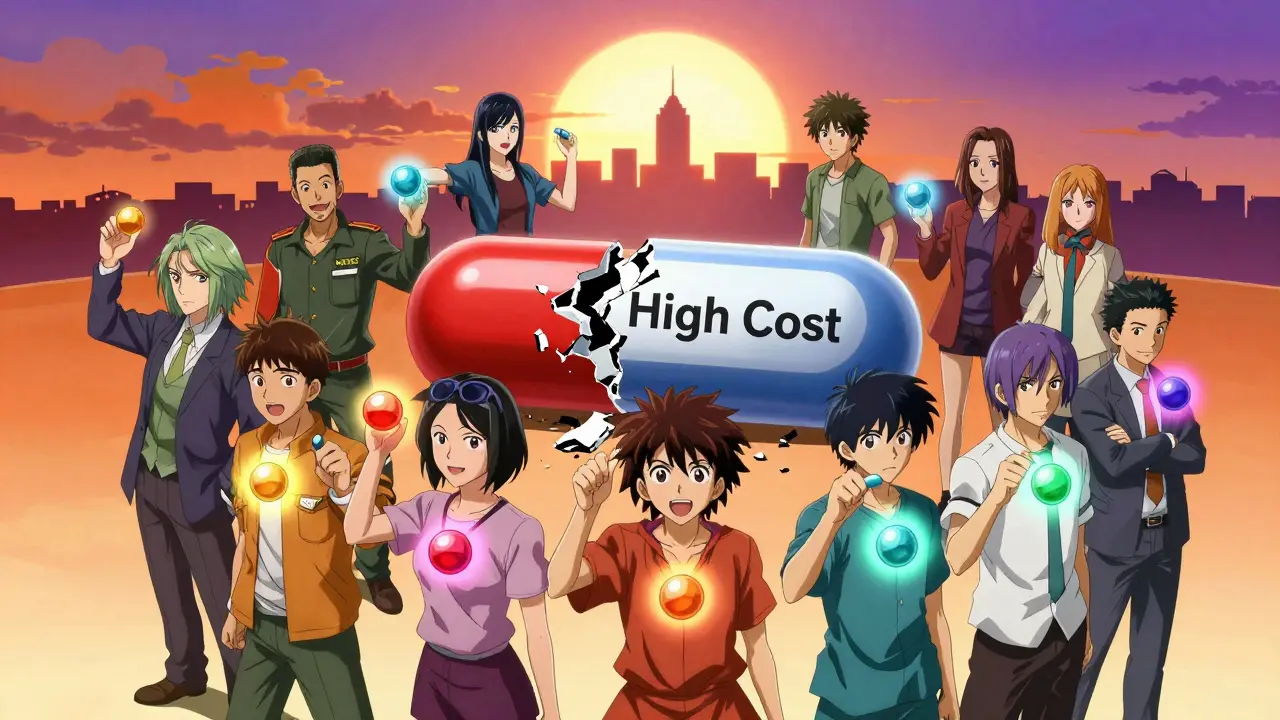A group of patients stand united holding generic pills, surrounding a crumbling brand-name pill labeled 'High Cost'.