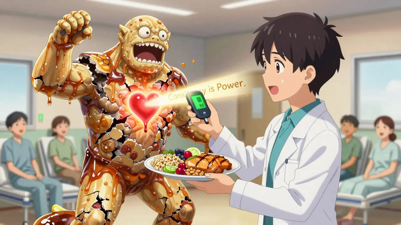 A hero defeats a sugar monster with balanced meals as a dietitian watches, blood sugar monitor glowing green in the dawn light.