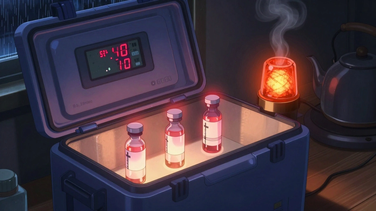 A medical cooler with glowing insulin vials and a digital temperature logger in a dark room during a power outage.
