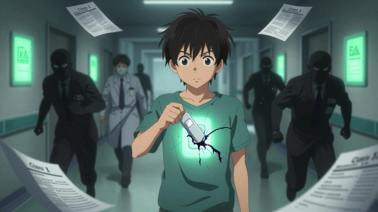 A patient holds a leaking fentanyl patch as dark energy tendrils spread in a hospital hallway.