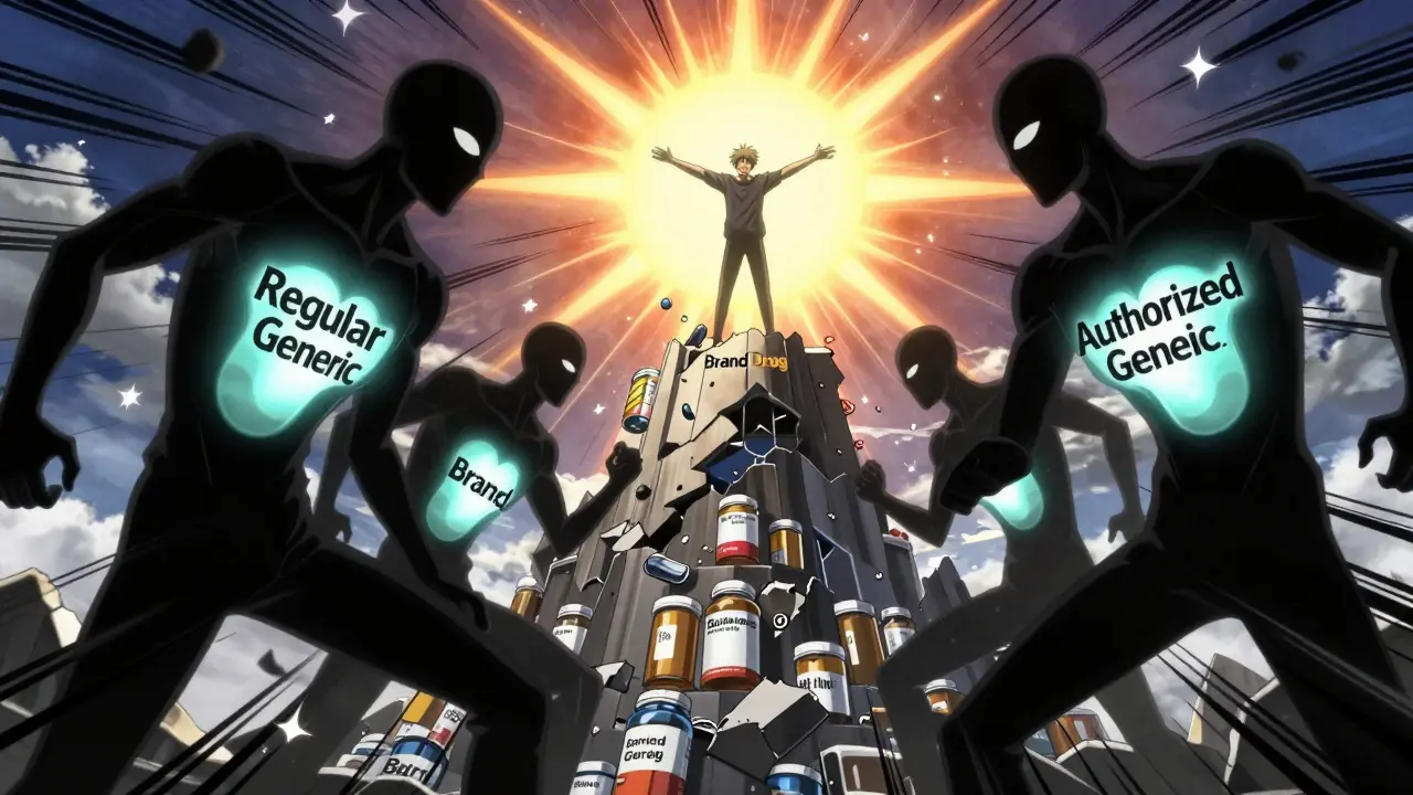 A patient standing triumphantly as two types of pills merge into one, symbolizing therapeutic equivalence.