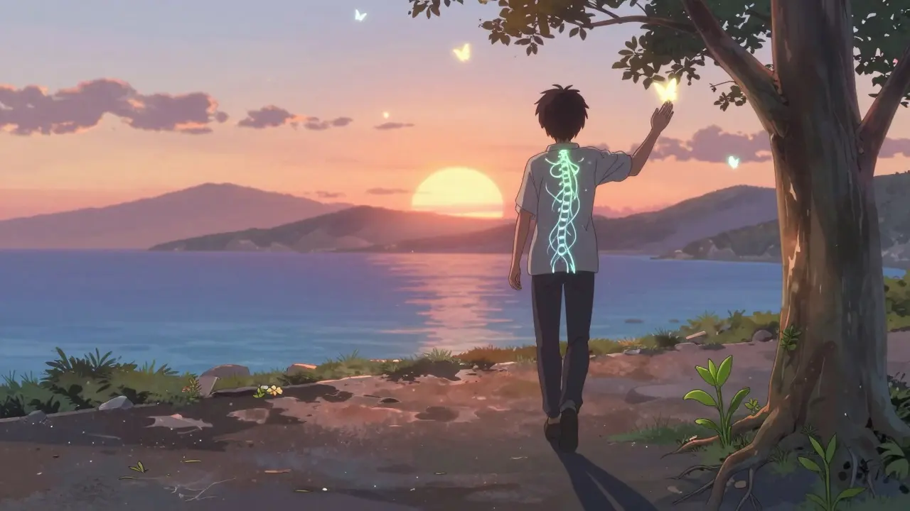 A person walking at sunset with glowing myelin regrowing along their spine, butterflies of light symbolizing healing.