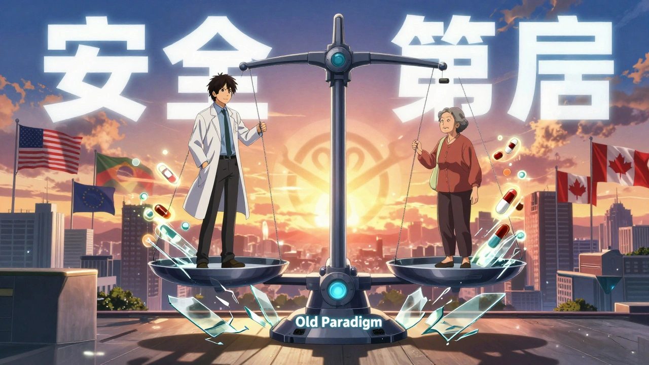 A symbolic scale balancing young and elderly patients as drug molecules swirl around them under global city lights.
