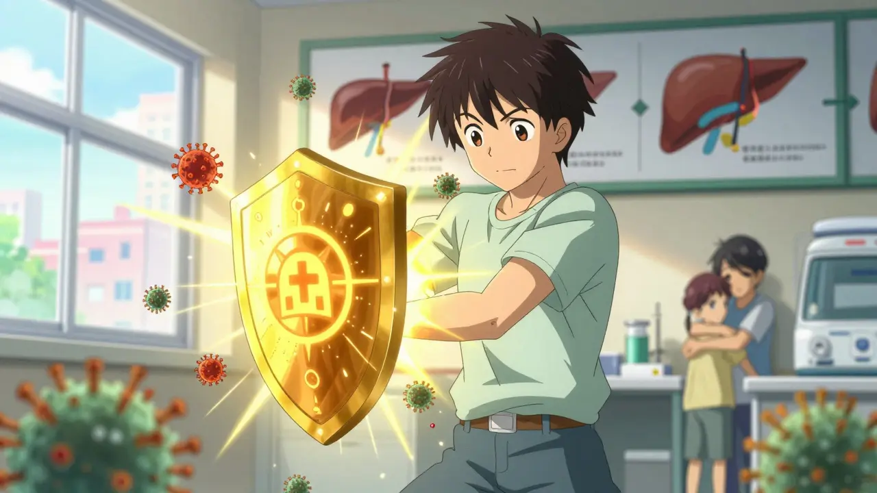 A teen receives a hepatitis A vaccine as a golden shield of immunity glows from their arm.