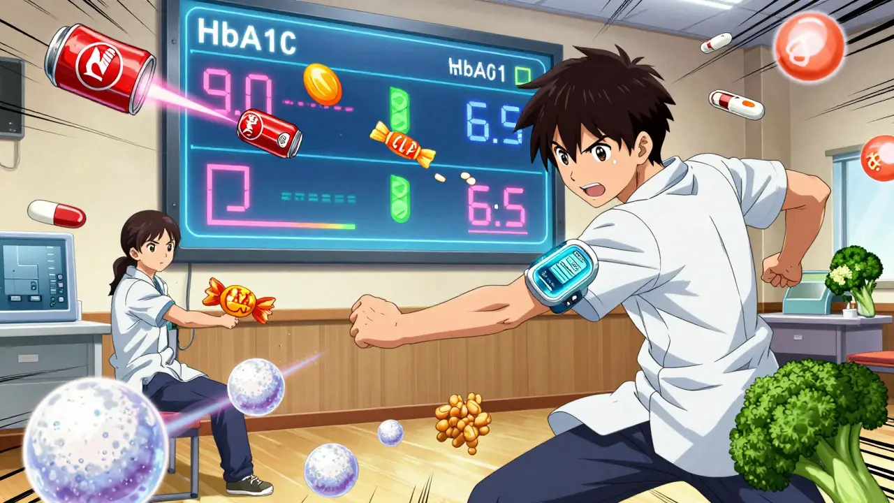 A teen trains with a glucose monitor, dodging sugar bombs and launching healthy foods, while HbA1c levels drop on a digital scoreboard.