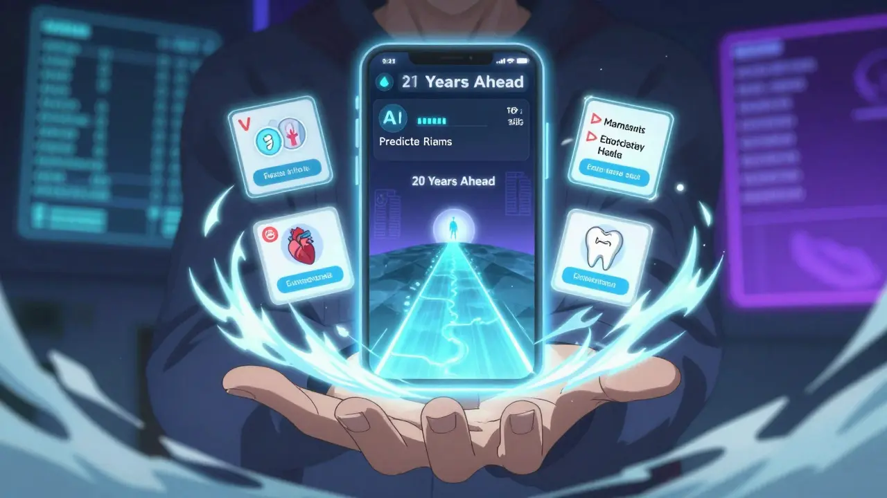 A teen views a digital survivorship app projecting health predictions and screening reminders.