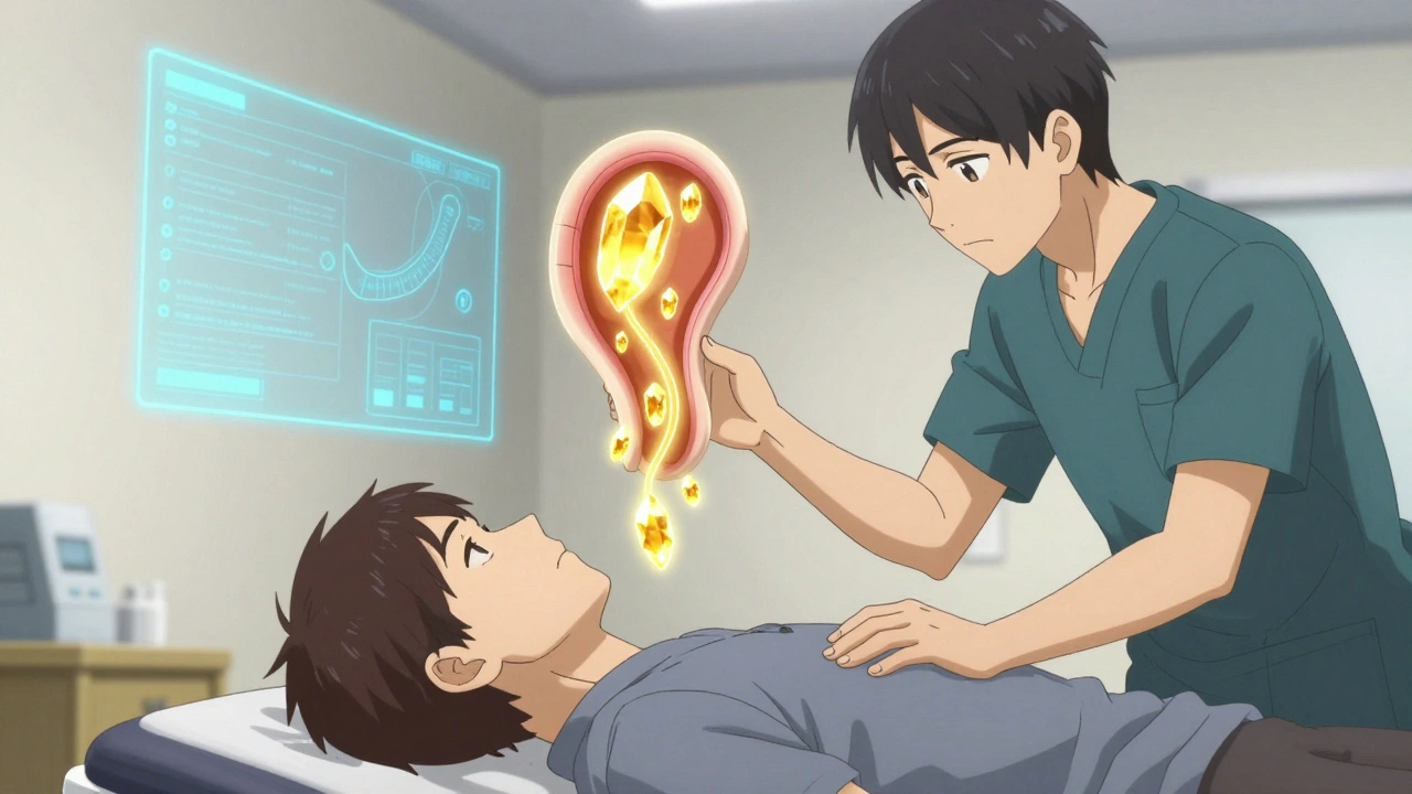 A therapist guides a patient through the Epley maneuver with glowing crystals moving back into place.