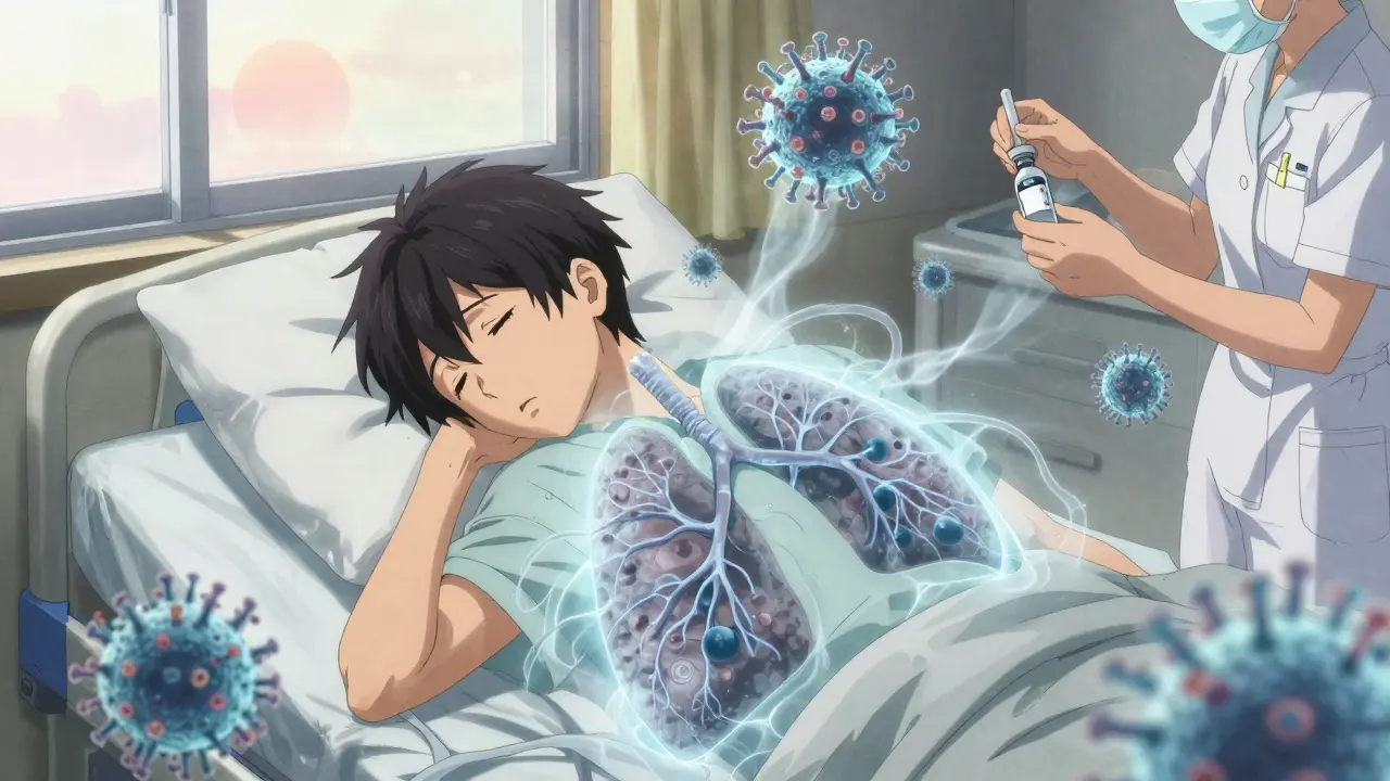 A tired patient lies in bed as ghostly viral particles swirl around both lungs, with antiviral serum nearby in soft lighting.