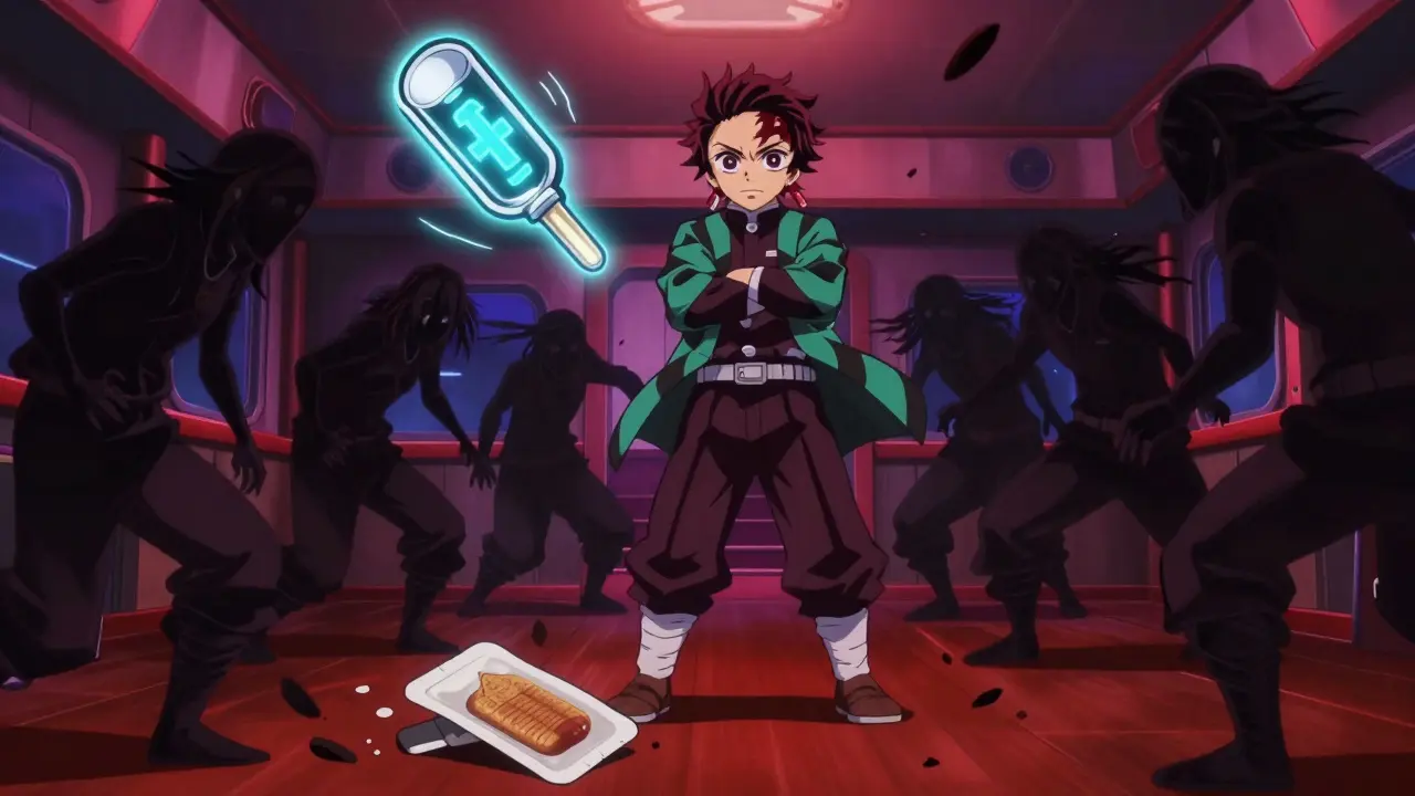 A traveler battling shadowy side effects of scopolamine in a cruise cabin, with a futuristic buccal film glowing as a weapon.