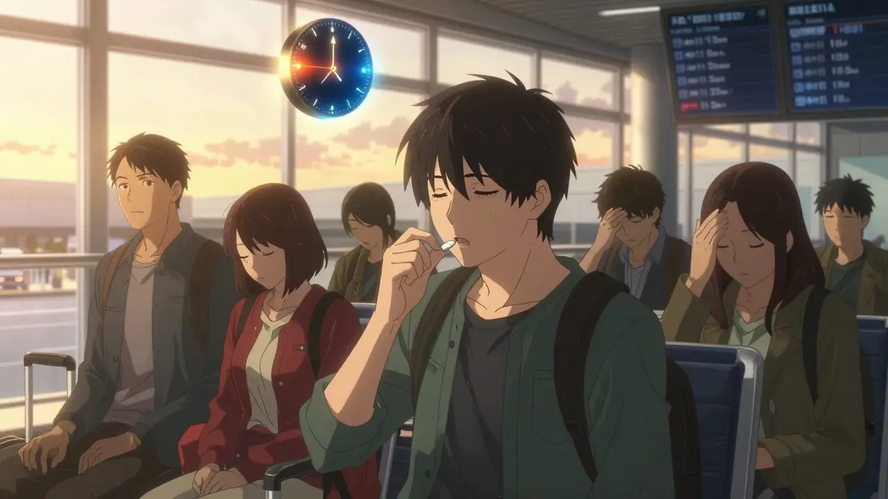 A traveler taking melatonin at sunrise in an airport, with a glowing circadian clock shifting from night to day above them.