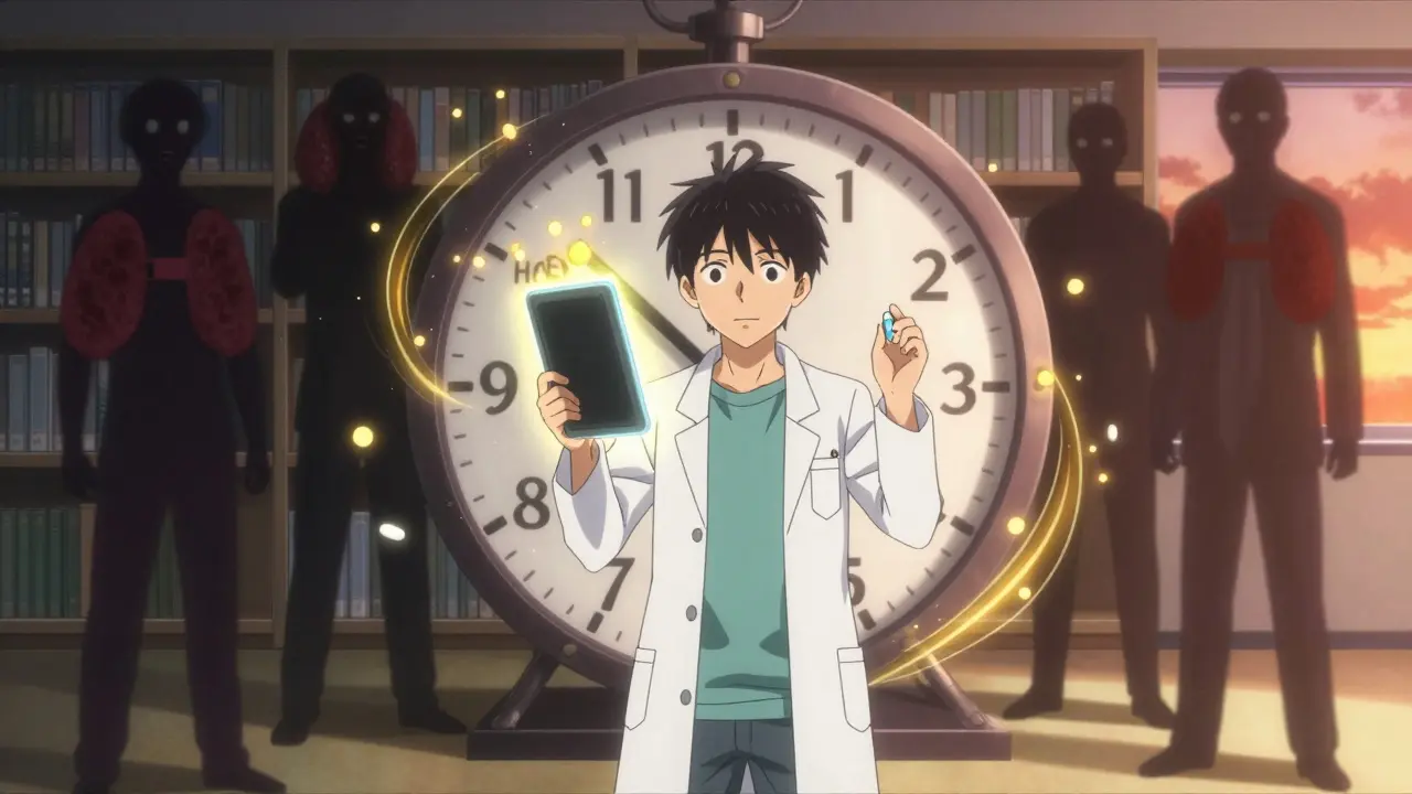 A young hero holding iron and calcium pills apart on a giant 4-hour clock, vitamin C glowing beside them.