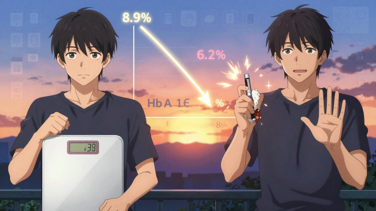 Before-and-after scene showing improved carb estimation and dropping HbA1c graph.