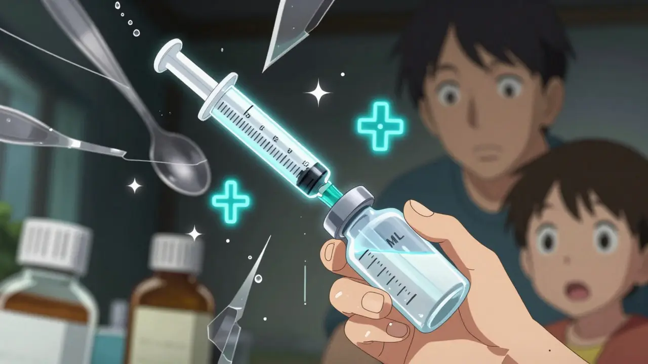 Child carefully measuring liquid medicine with a calibrated syringe.