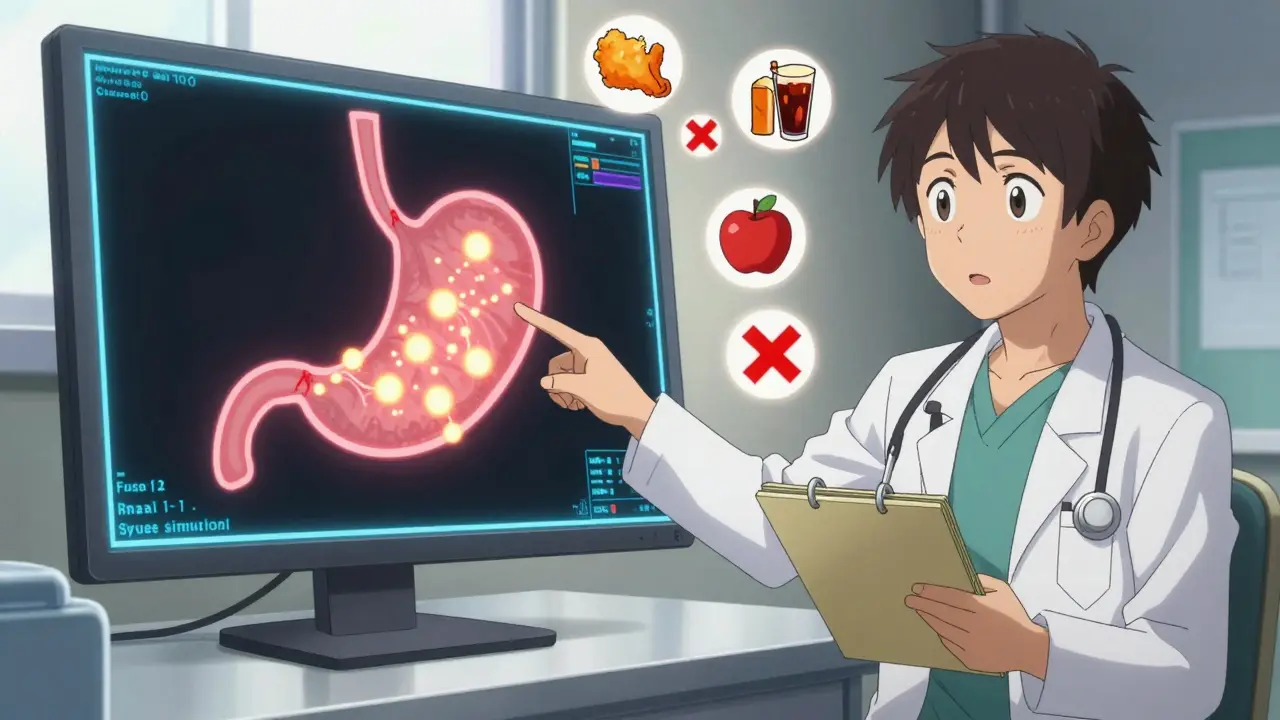 Doctor showing gastric scan with slow-moving food particles, patient realizing diagnosis