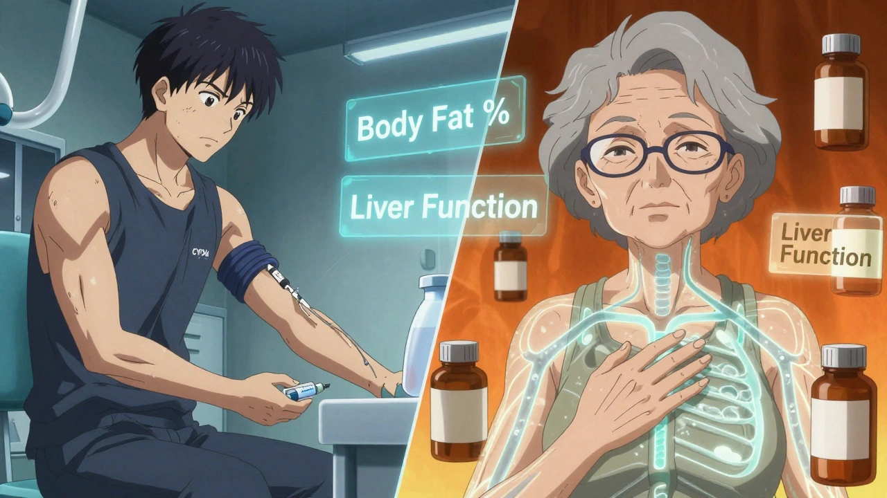 Elderly woman and young man compared with metabolic pathways showing how drugs process differently in their bodies.