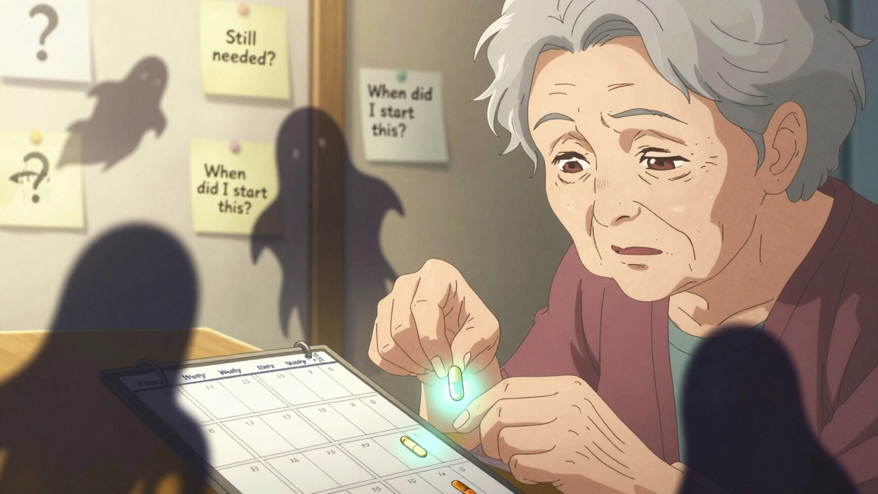 Elderly woman organizing pills in a weekly box, ghostly side effects hovering nearby, morning light illuminating her focused expression.
