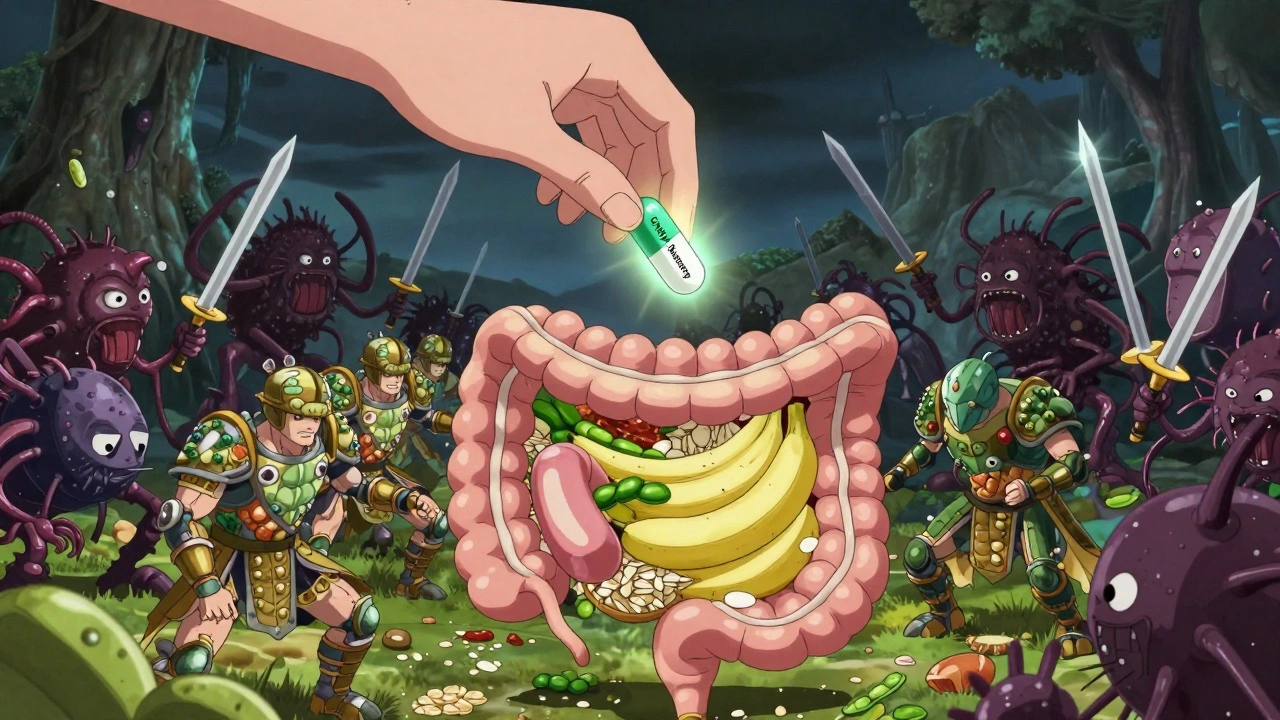 Heroic good bacteria fighting superbugs inside a gut, fiber-rich foods empowering the army as a single pill drops from above.