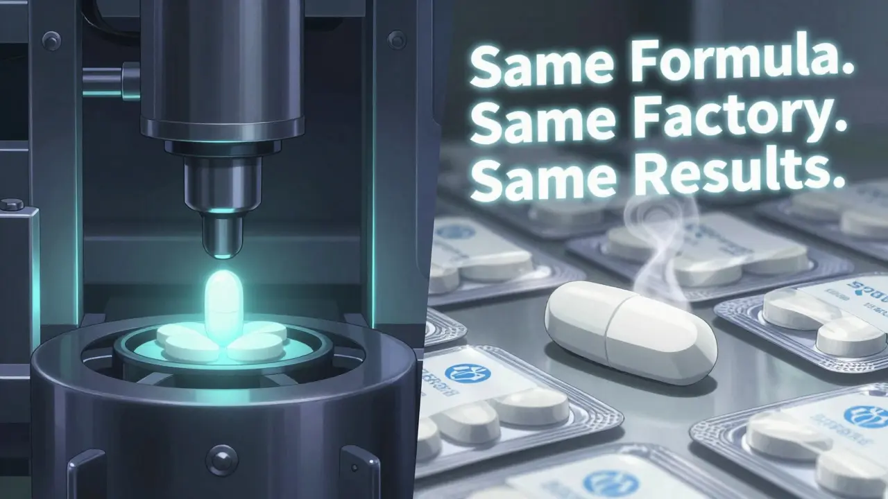 Identical pills being made on the same production line, one labeled with a brand, the other plain.