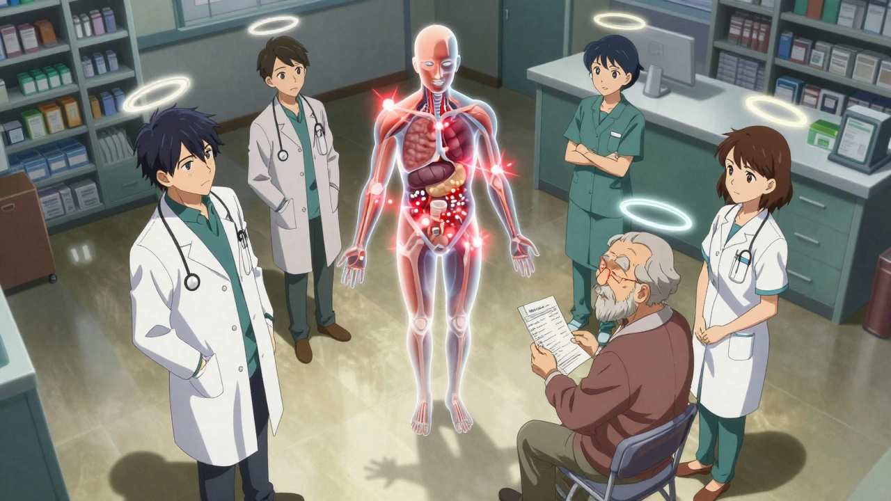 Medical team surrounding a transparent human body with drug interaction sparks, elderly patient holding medication list with calm confidence.