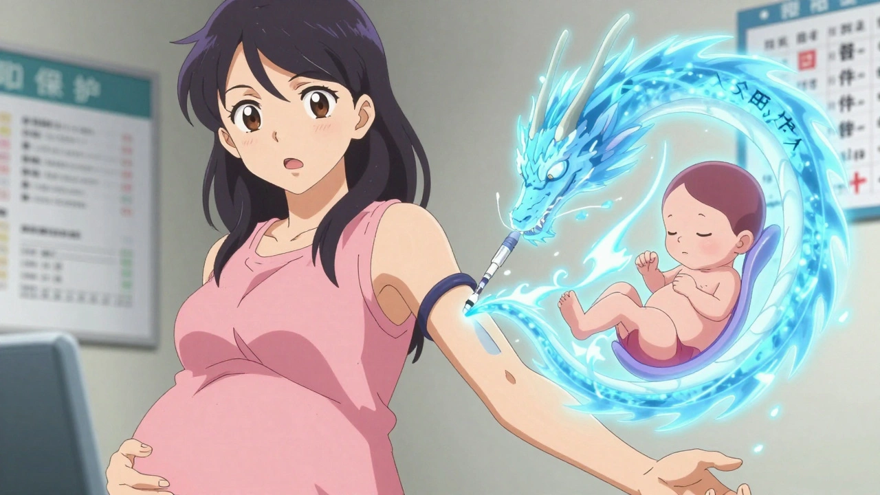 Mother receiving Tdap vaccine with antibodies flowing to her unborn child, anime style