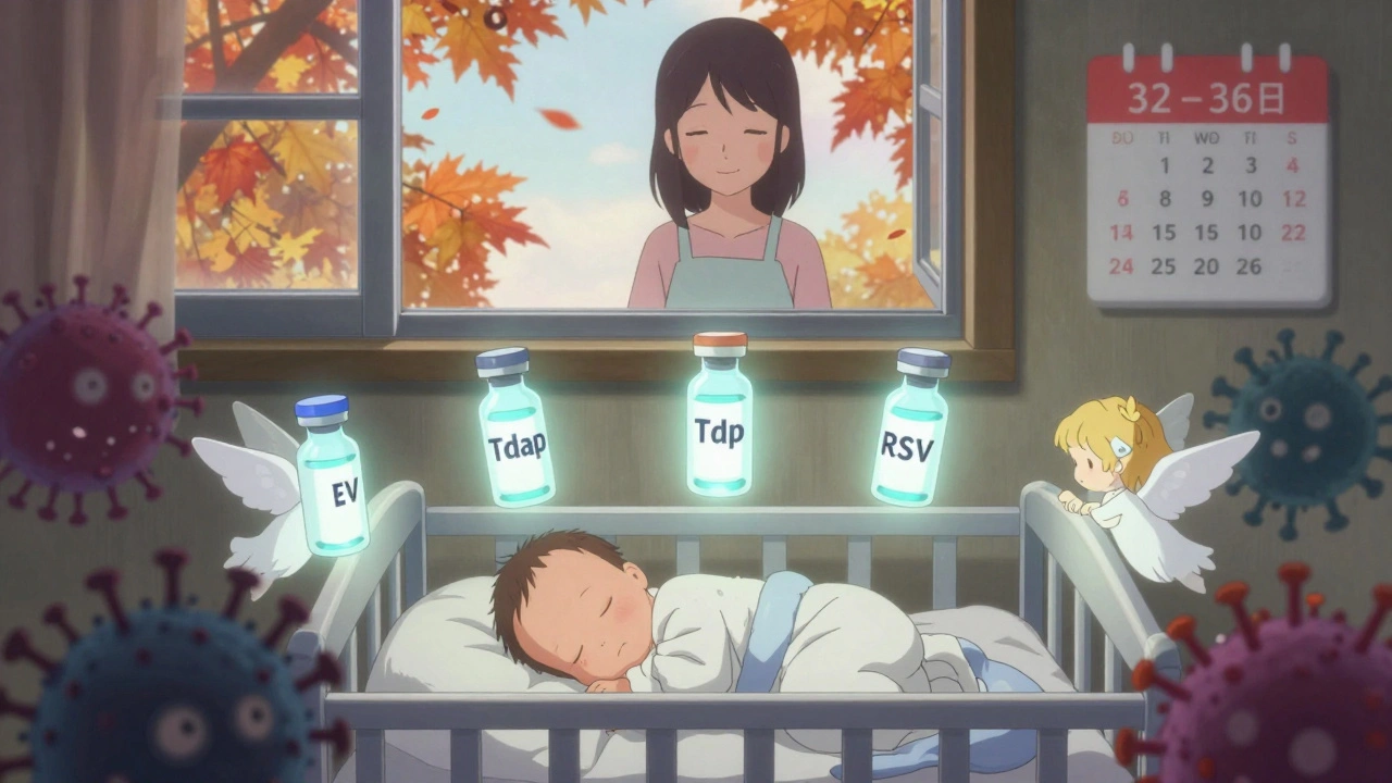 Newborn guarded by vaccine-shaped angels repelling viruses, anime style