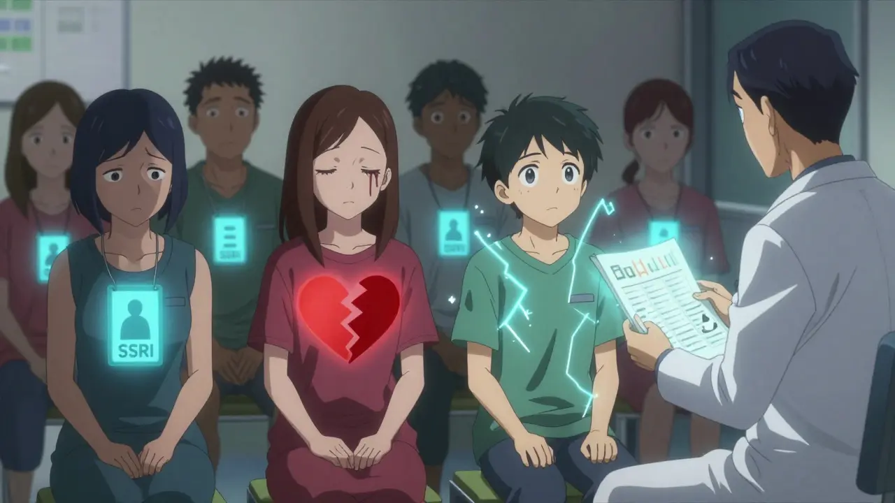 Patients in a clinic with glowing side effect auras, depicted in anime style.