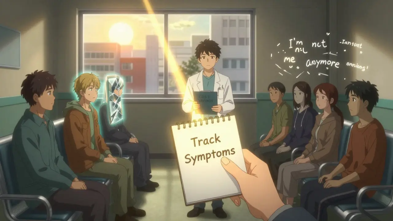 Patients in a waiting room with glowing emotional auras, one reaching for a notebook as light breaks through a window.